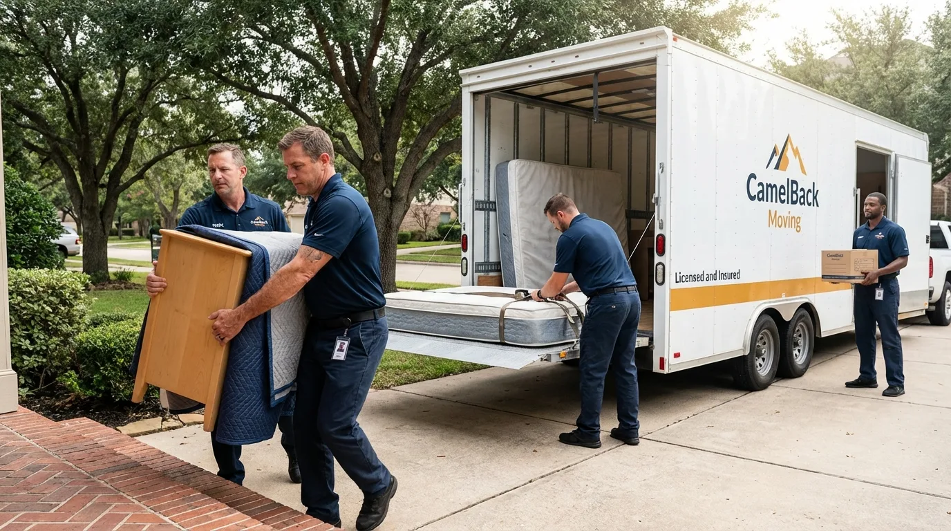 Crew loading residential truck for cross-state move from Hampton, AR