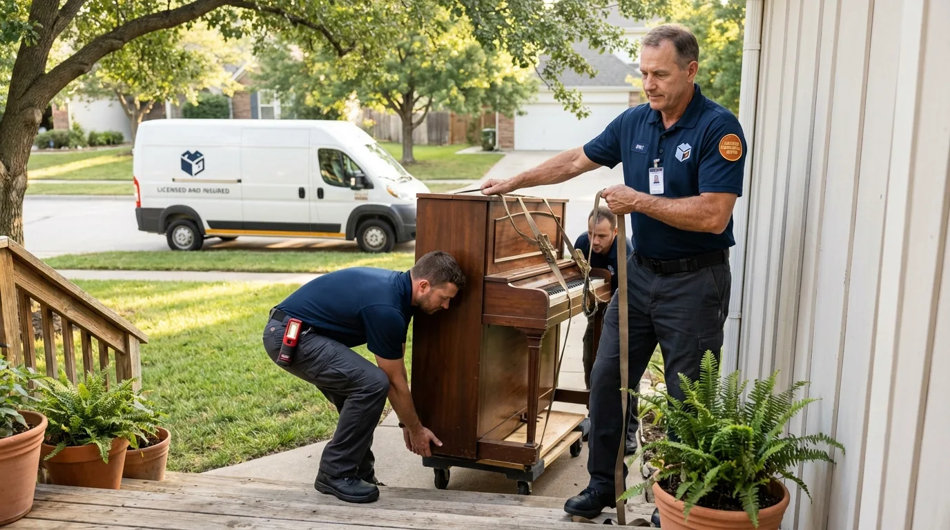 Licensed piano movers securing grand piano in Hampton, AR