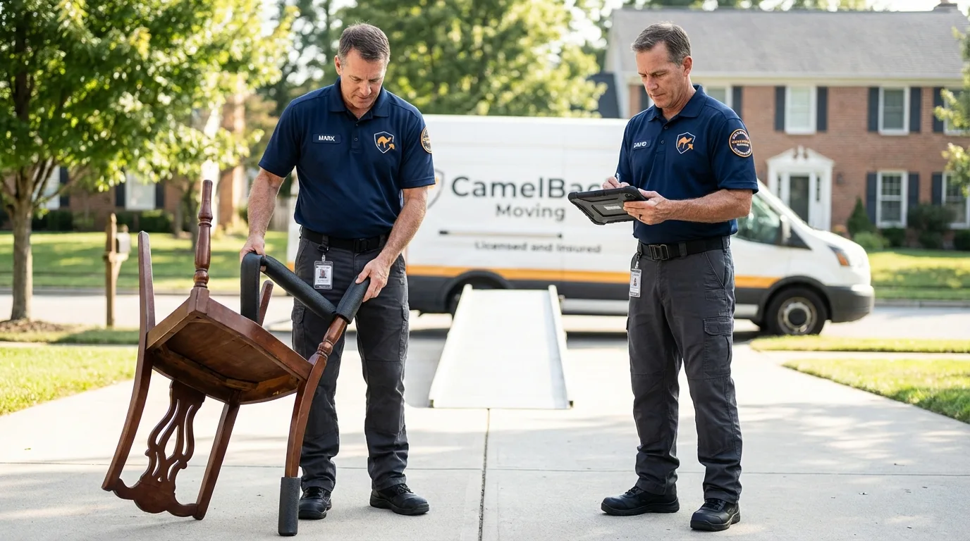 Movers inspecting furniture for damage prevention before loading in Hampton, AR