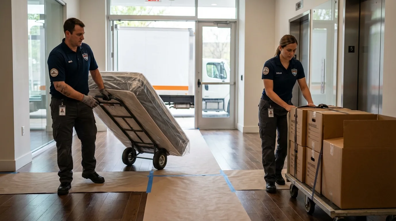 Professional apartment movers loading elevator in Hampton, AR